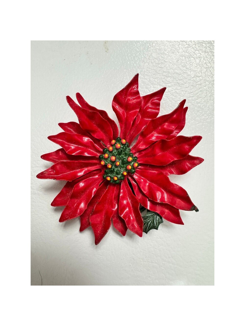 Vintage Red Enamel Poinsettia Brooch Christmas Holiday Floral Pin Green Leaf